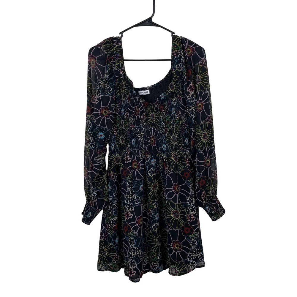 Steve Madden Womens Neon Floral Smocked Mini Dress Black Size M